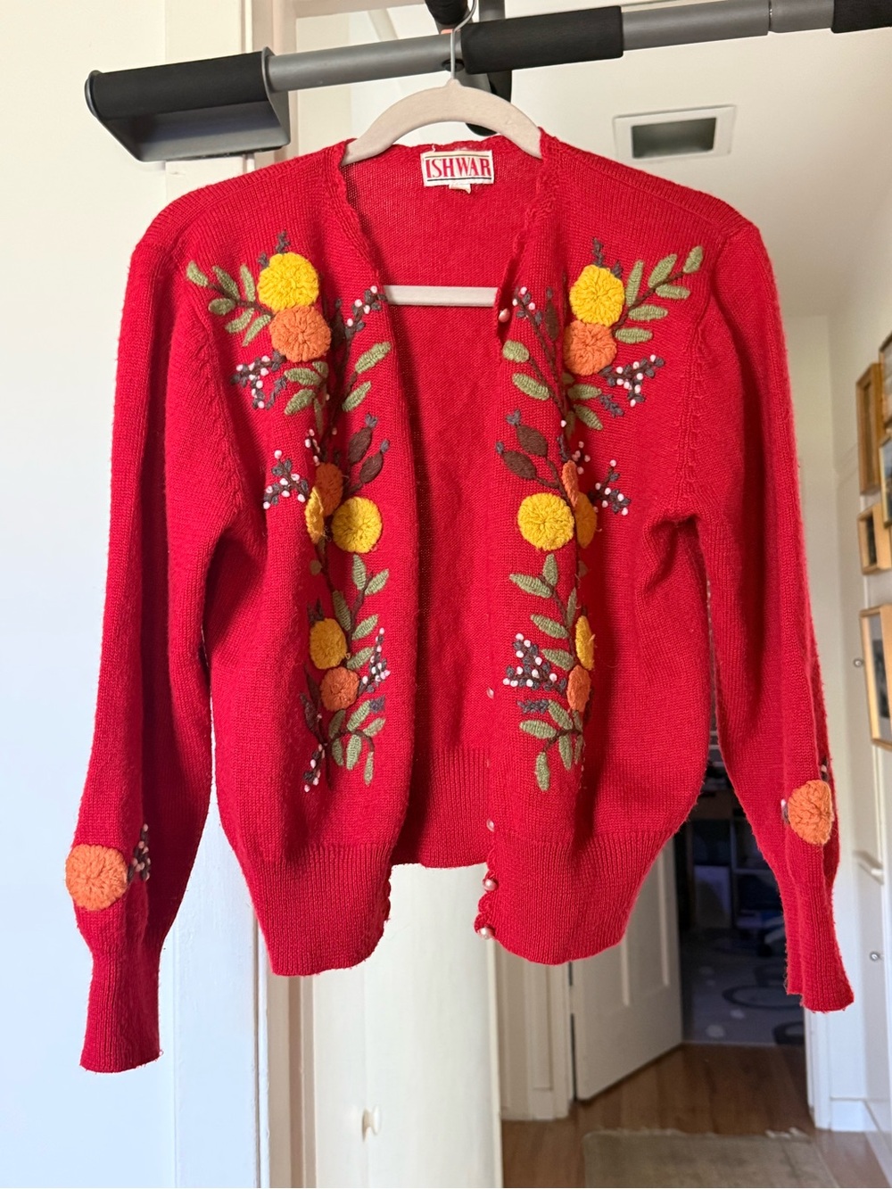 Women's Red Embroidered floral  Cardigan Sweater